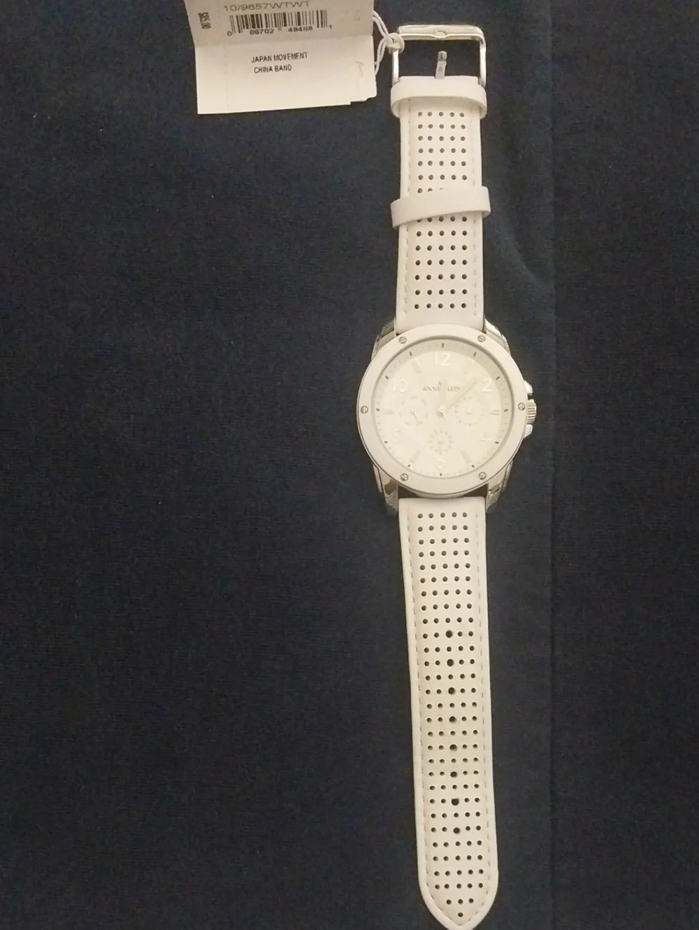 Anne Klein White and Silver Multifunction Leather Strap Watch